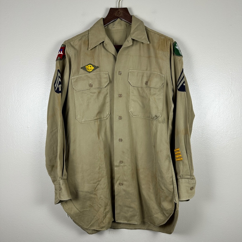 Vintage Military Issue Men's M (42x31) Shirt Khaki Patched Long Sleeve WWII